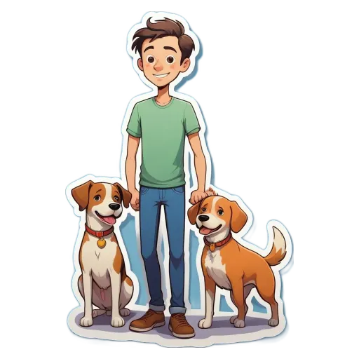 A boy holding two dogs of different colors.