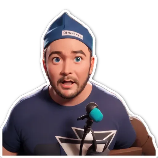 A white and black image of a man on a microphone with a blue hat.