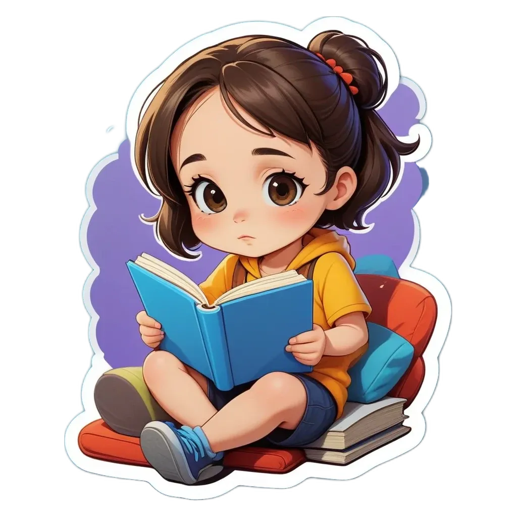 A girl reading a book with a sticker that says "she's reading".
