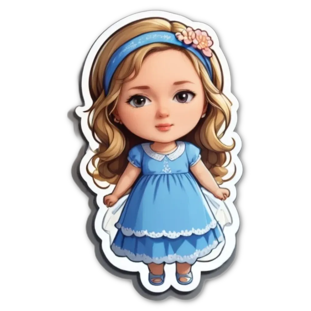 A sticker of a girl with blue dress.