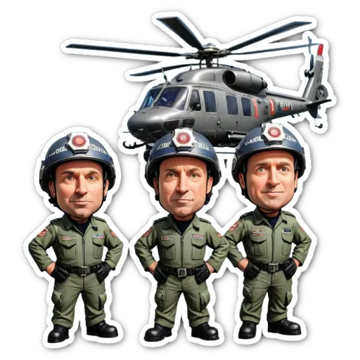 Three men in helmets are next to a helicopter.
