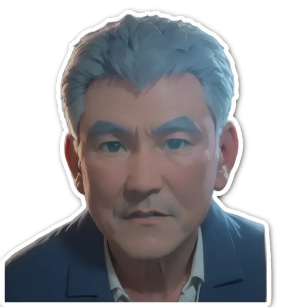 A sticker of a man's face with grey hair and blue collar.