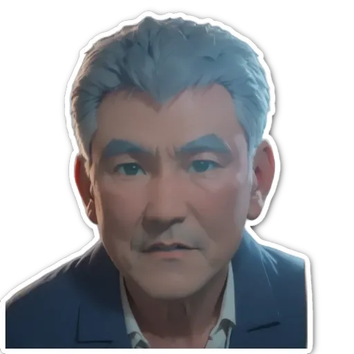 A sticker of a man's face with grey hair and blue collar.