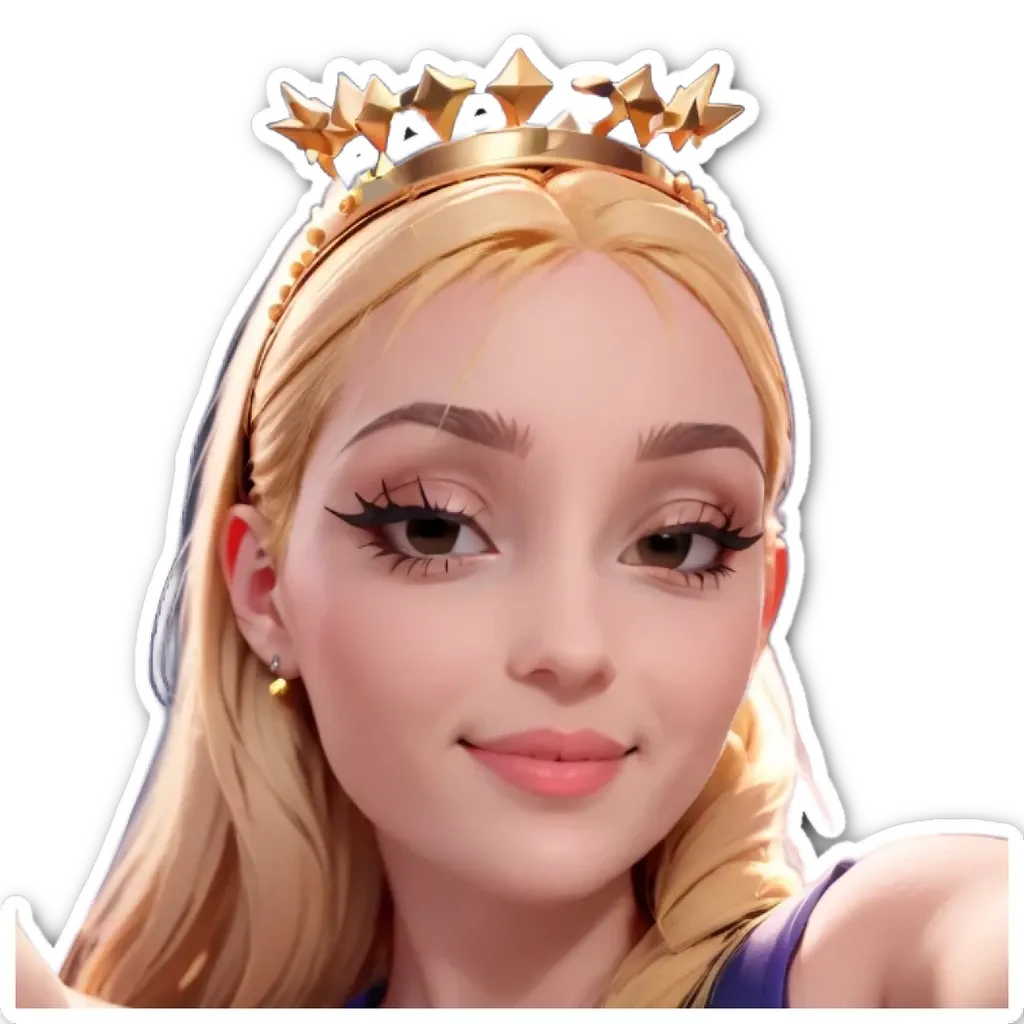A cartoon drawing of a girl wearing a gold stars tiarit with her lips curled up.