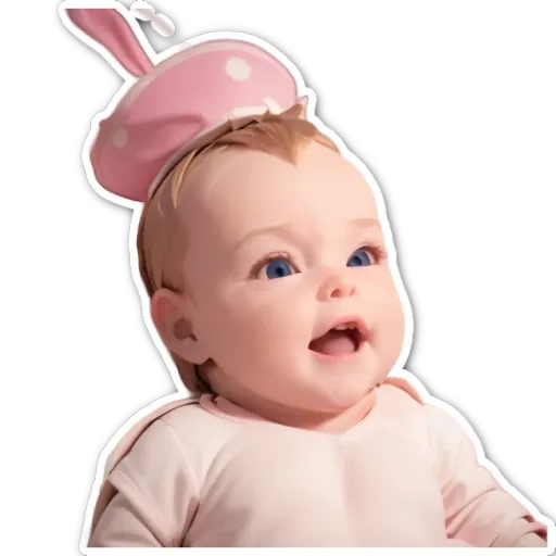 A baby with a pink bunny on top of her head.