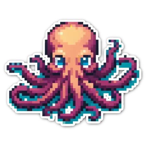 A sticker of an octopus that has pixelated colors.