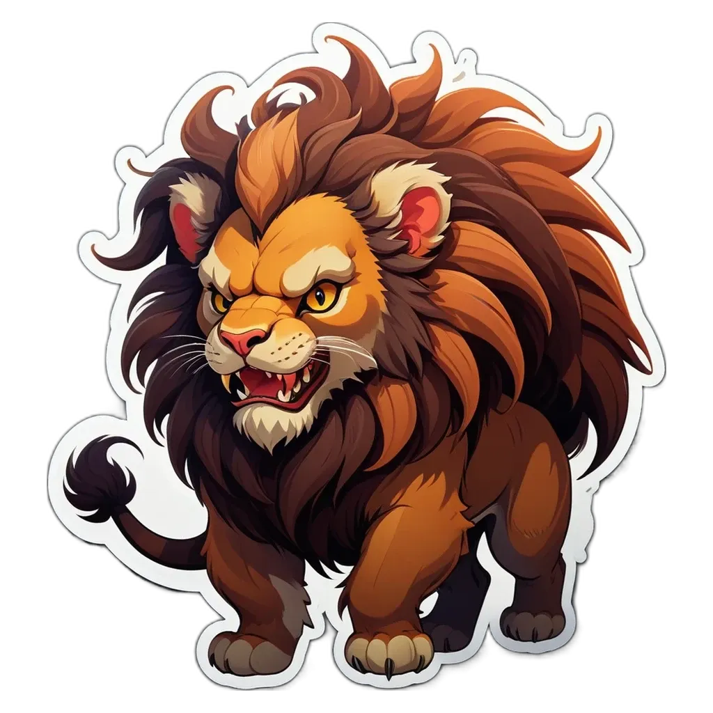 A sticker of a lion with yellow teeth and an angry face.