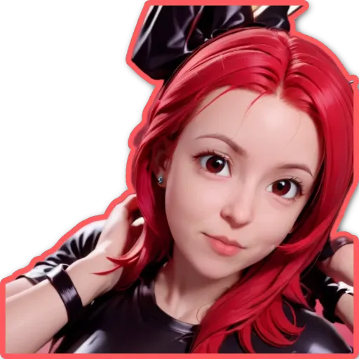 A sticker of a girl with red hair and a black bow on her head.