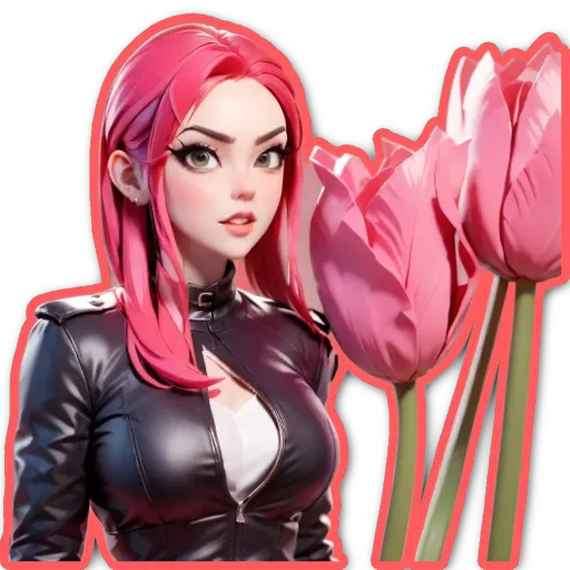 A woman with red hair and a jacket, and two pink flowers next to her.