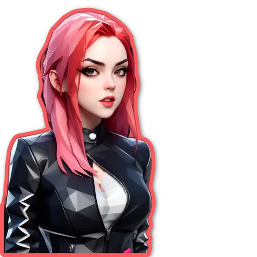 A very detailed and colorful cartoon of a woman wearing a black jacket.