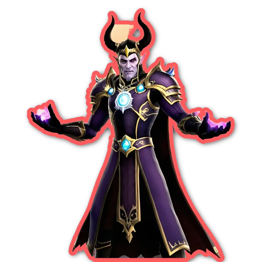 An animated character with a cape and horns in red.