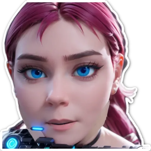 A very detailed and realistic image of a girl's face is shown with blue eyes and a pinkish nose.