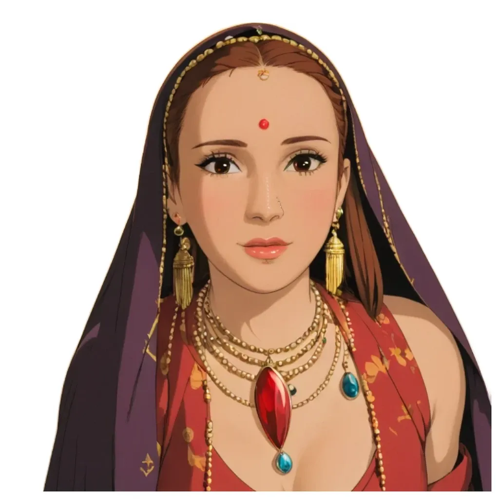 A cartoonish drawing of a woman with a purple scarf and gold jewelry.