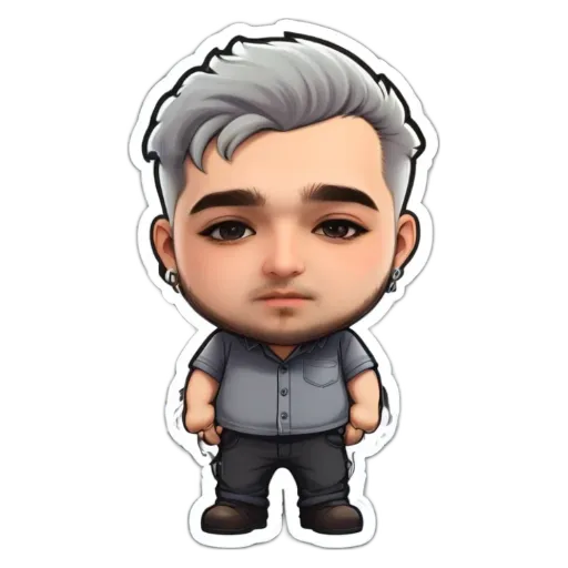 A small cartoon man with a name tag.