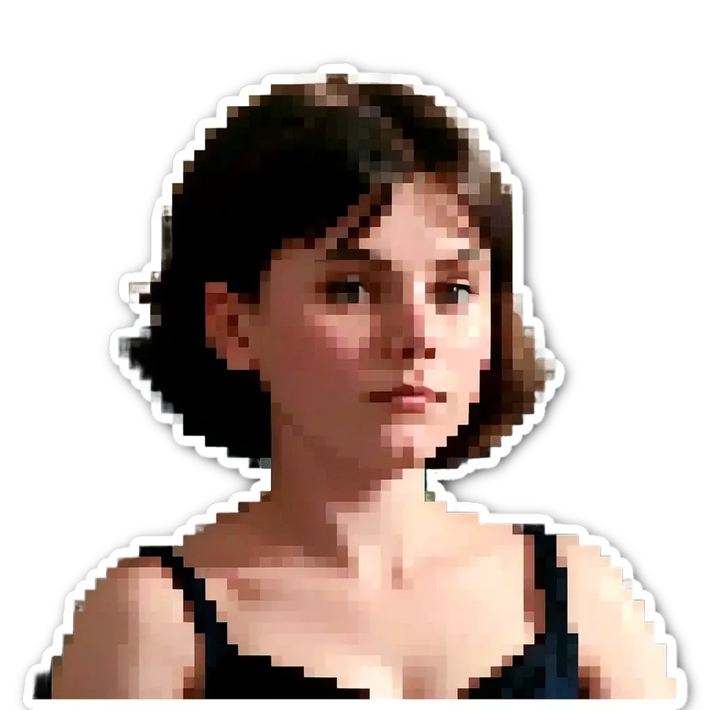A woman with a sticker on her that shows her head.