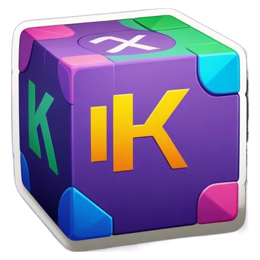 A colorful cube with letters on each side including I, k, x and K.