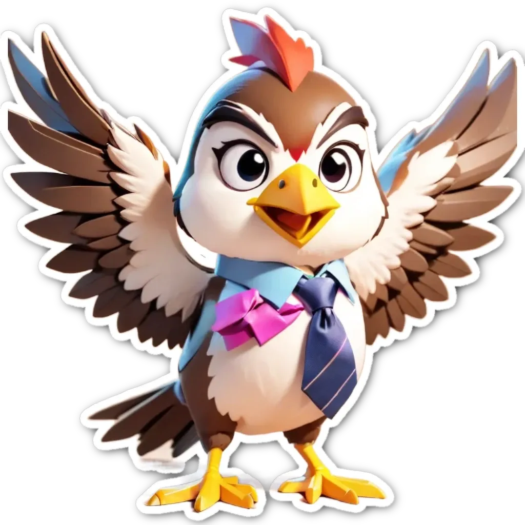 A bird that is wearing a tie and standing with its wings open.