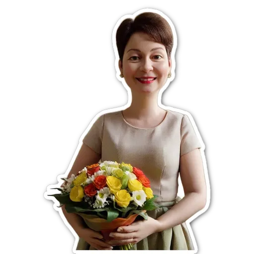 A woman holding a bouquet of flowers.