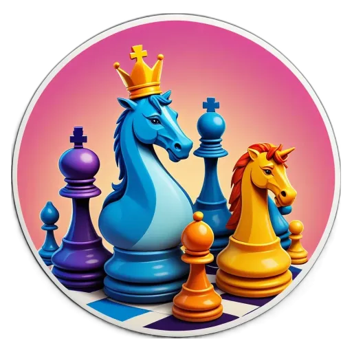 A colorful image of a horse and king on a checkerboard.