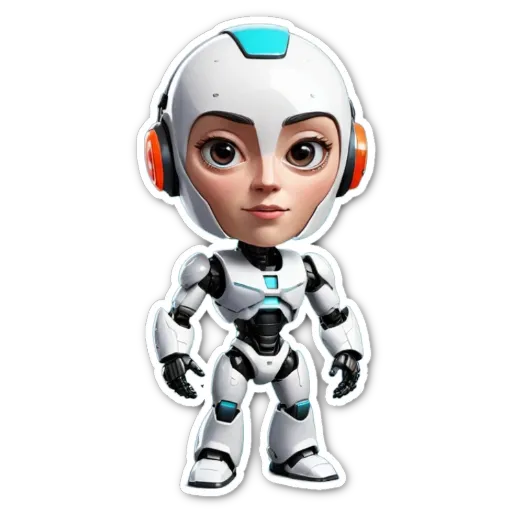 A child robot wearing a white outfit with blue eyes.
