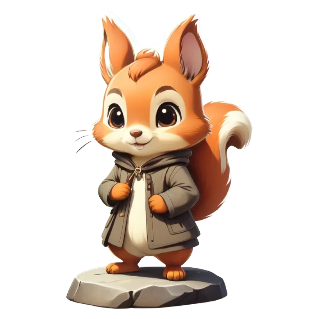 An orange squirrel wearing a coat.
