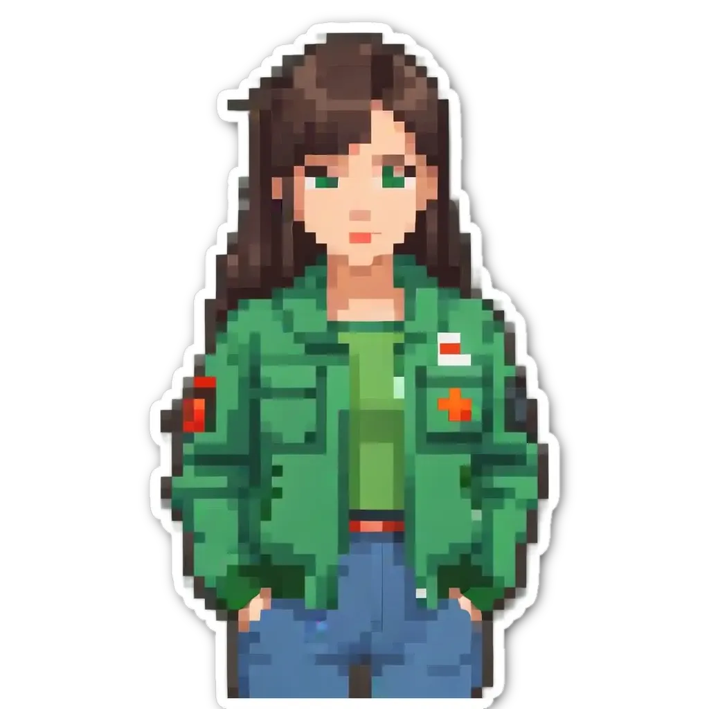 A girl wearing a green jacket with a red cross on it.