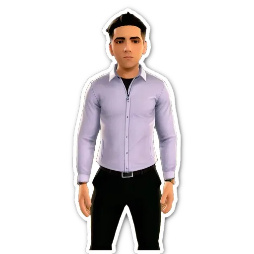 A sticker of a man in a button down shirt and black pants.