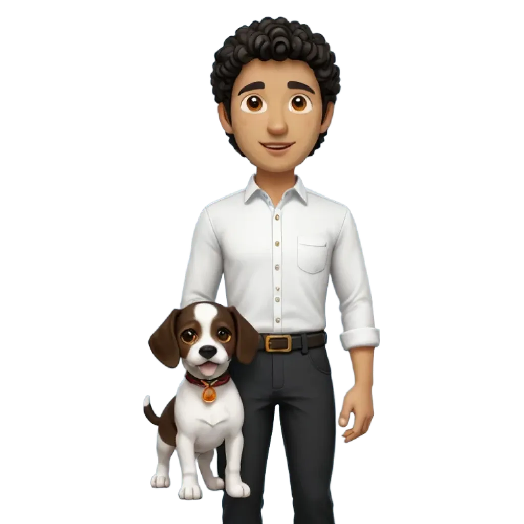 A man and his dog in front of a black background.