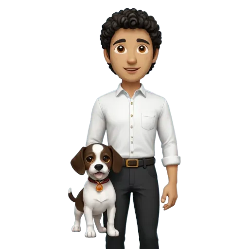 A man and his dog in front of a black background.