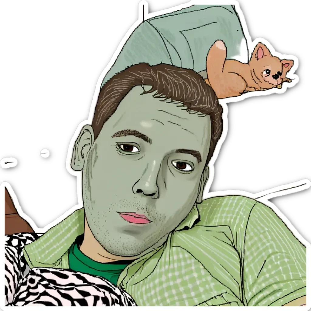A man with a green shirt is sitting with a cat on his head.