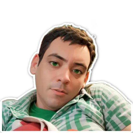 A green and white checked shirt with a man's face on a sticker.