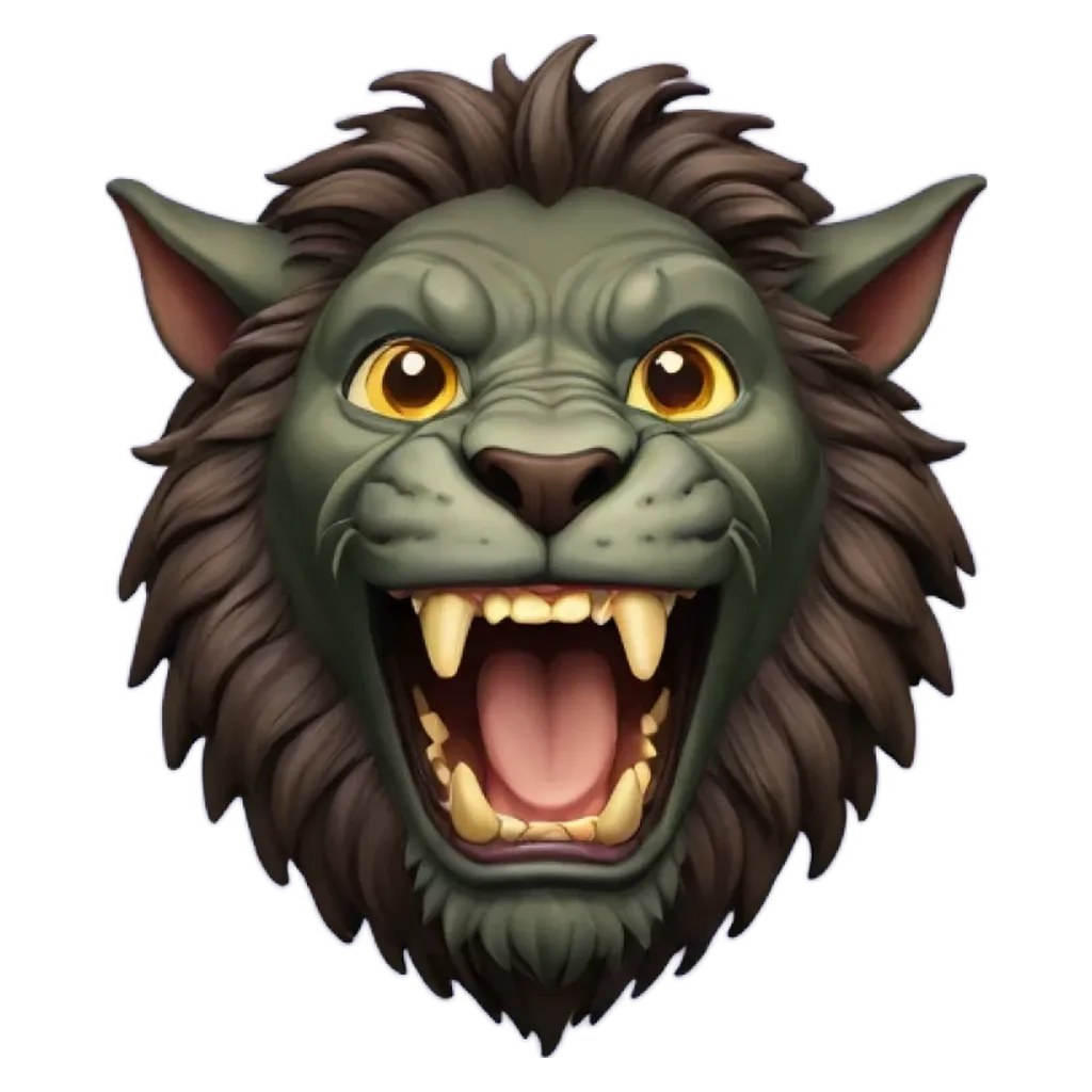 A lion with yellow teeth and a red tongue is showing its teeth.