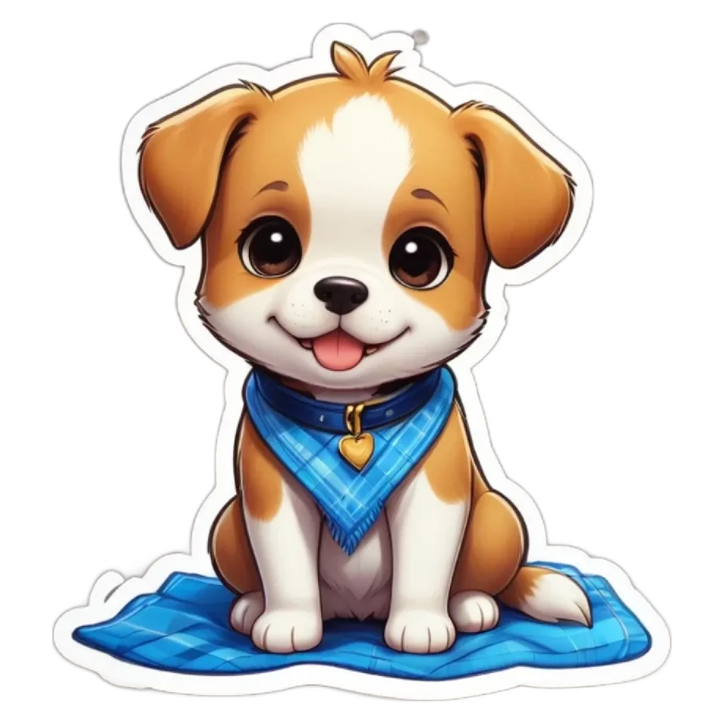 A cartoon dog sitting on a blanket with a blue scarf around its neck.