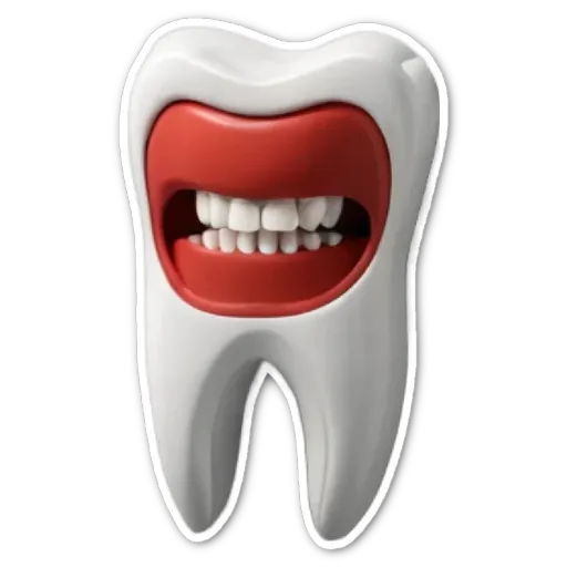 A red and white tooth with a mouth and teeth decorator sticker.