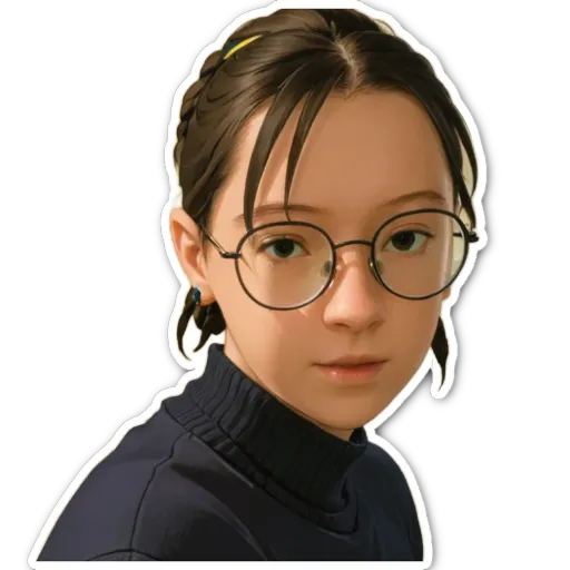 A girl wearing a black sweater and glasses.
