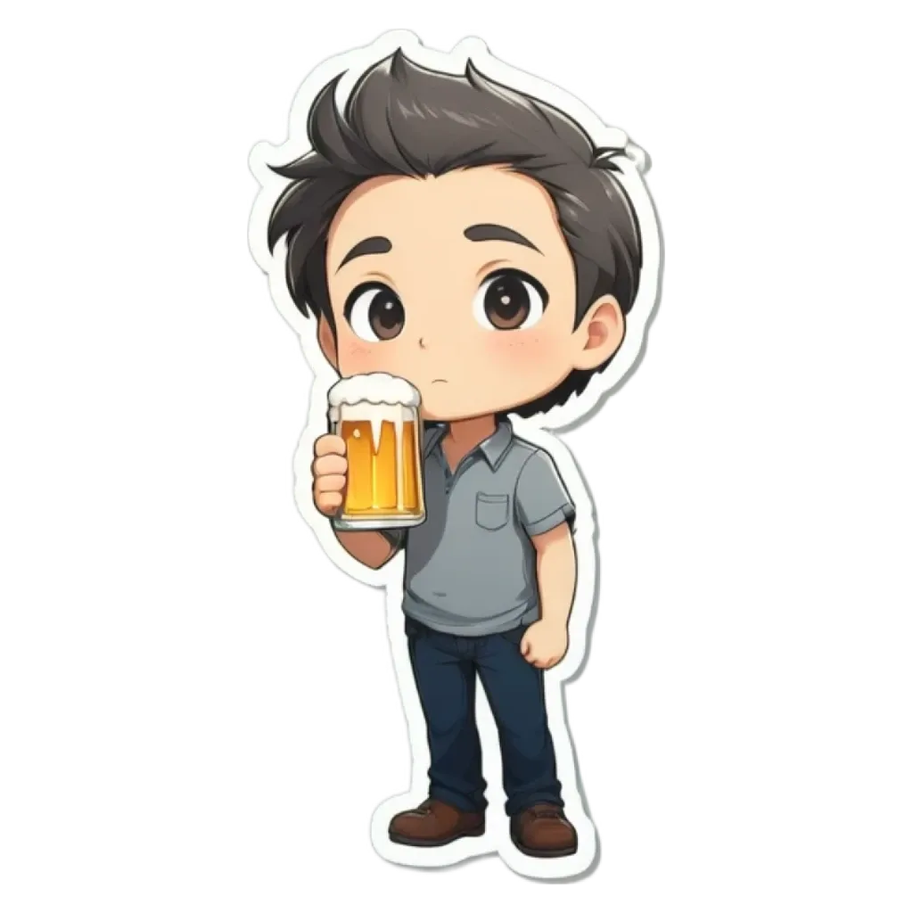 A boy drinking from a glass with a sticker of his own.