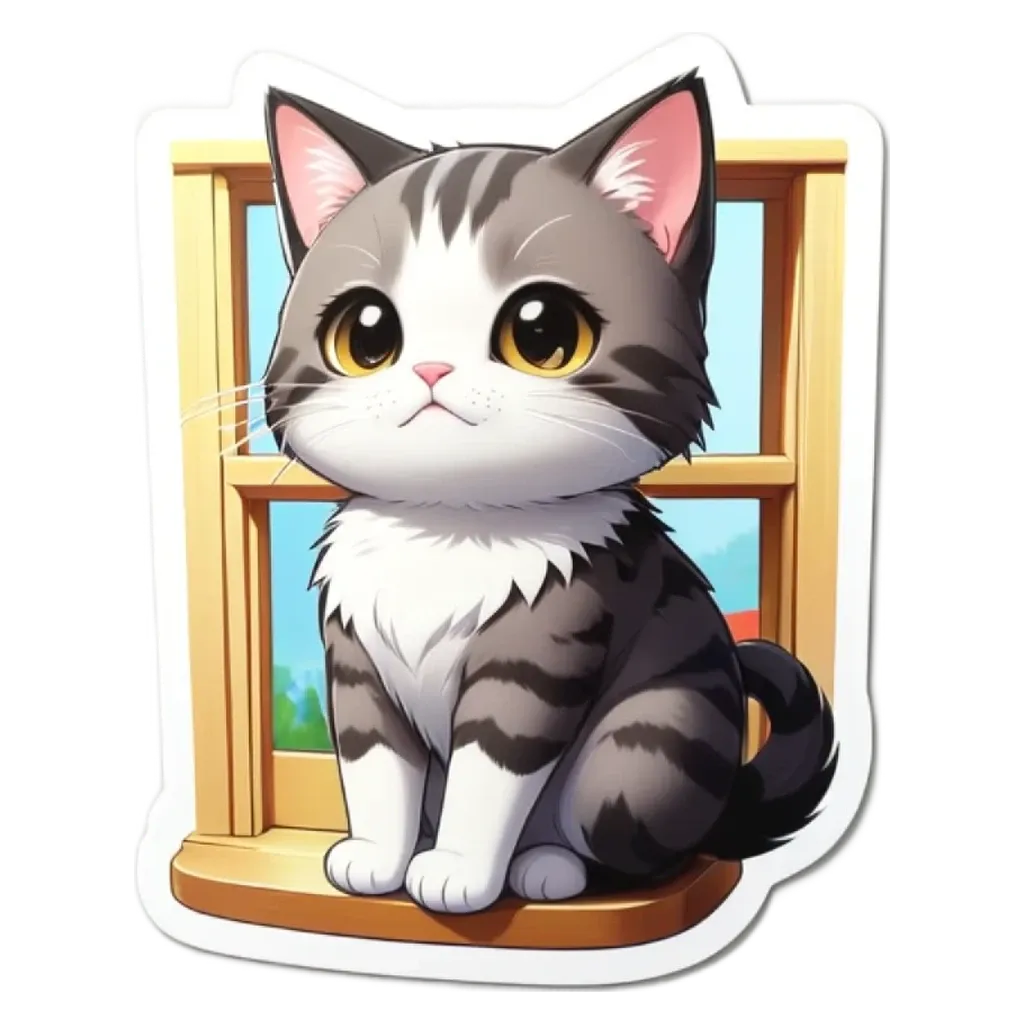 A cat sticker that is gray and white with a window in the background.