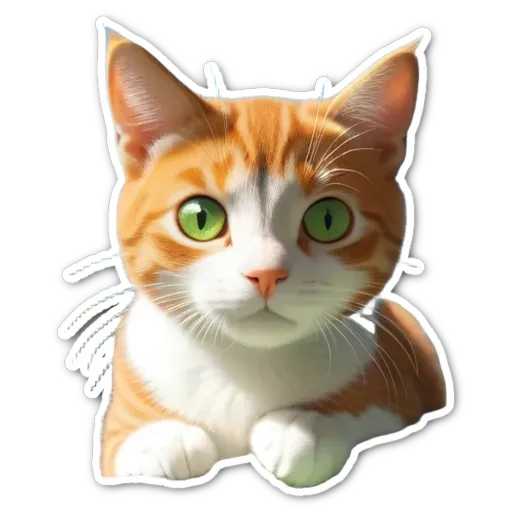 An orange and white cat with green eyes is sitting on a black background.