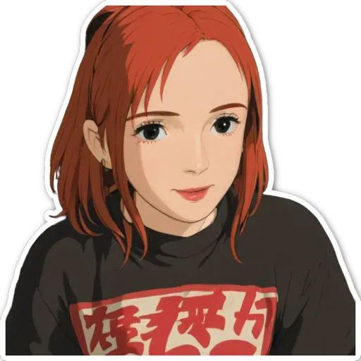 A girl with red hair wearing a black shirt and a red sweater.