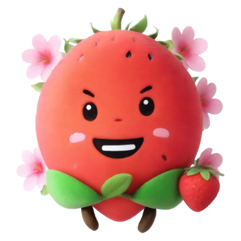 A strawberry character holding a strawberry by a white background.