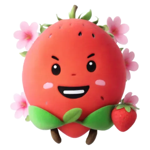 A strawberry character holding a strawberry by a white background.