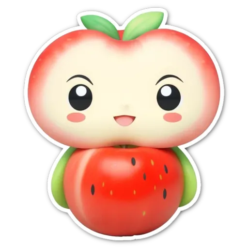 A sticker of a face and an apple that is red and green.