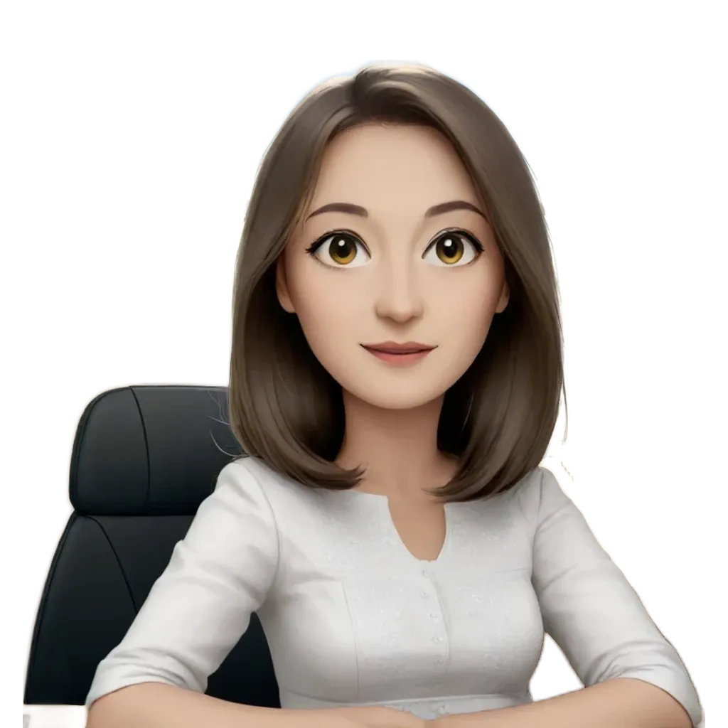 A woman in a white shirt sitting in a chair is on a black background.