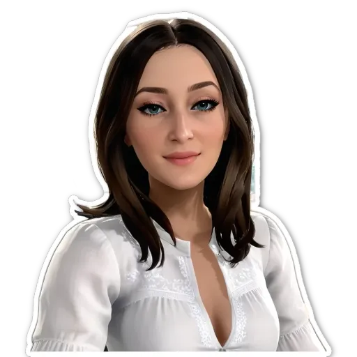 A woman with blue eyes and a white shirt.