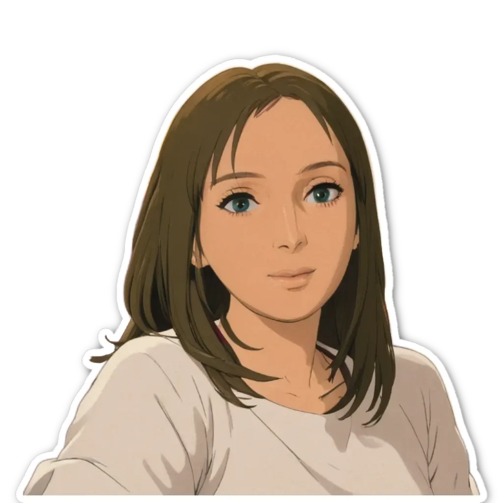 A sticker of a girl with dark hair wearing a white shirt.