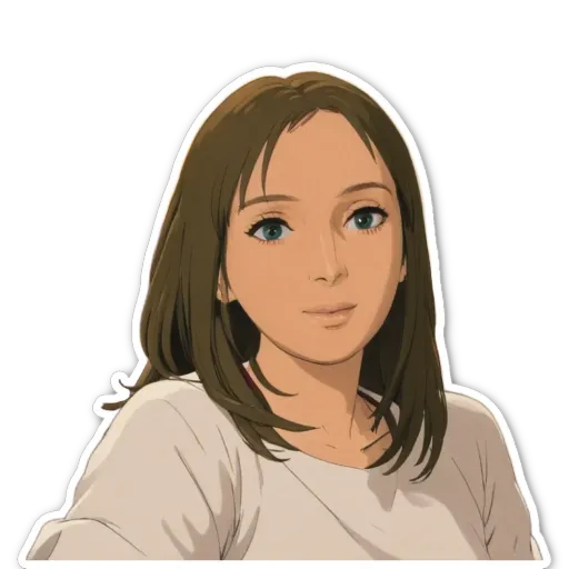 A sticker of a girl with dark hair wearing a white shirt.