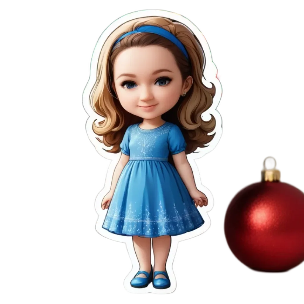 A girl is standing next to a Christmas ornament.