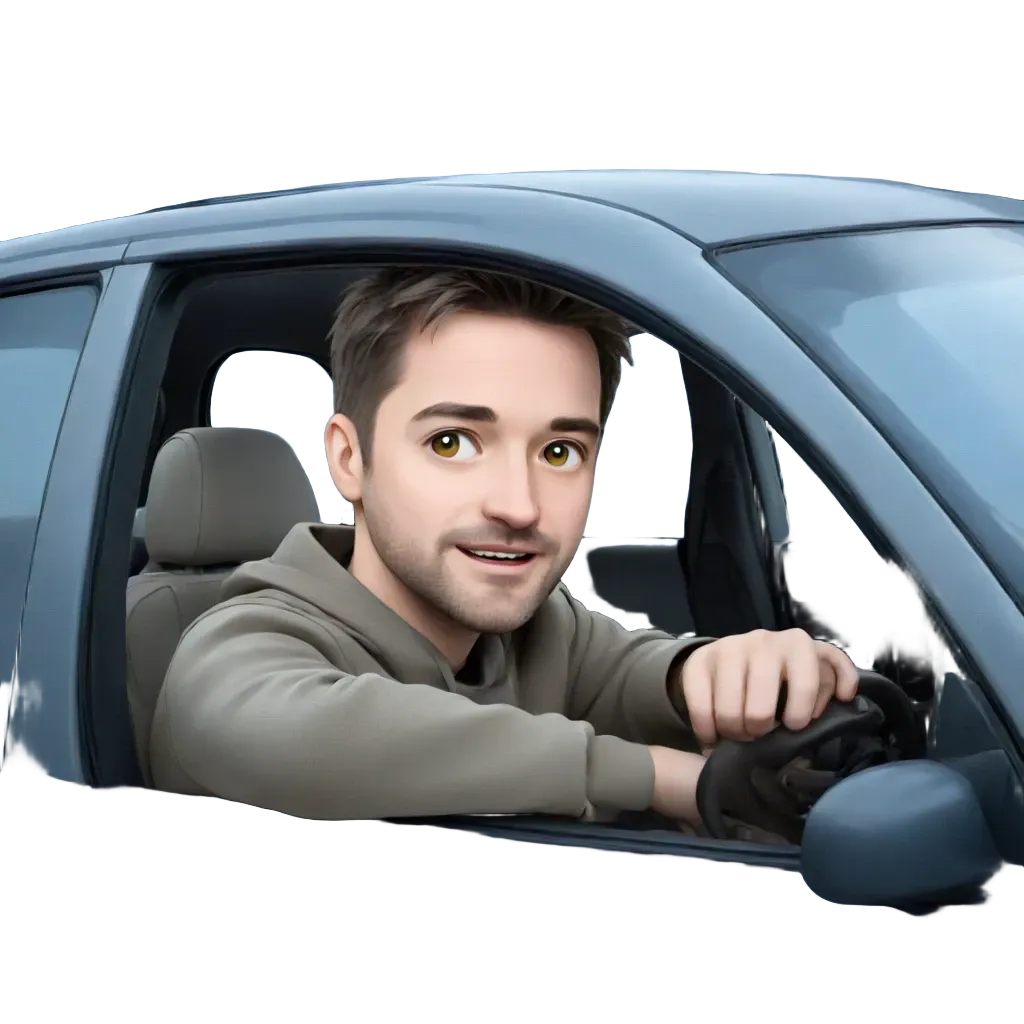 A man in a car that is animated.