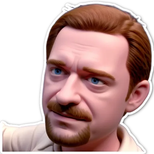 A sticker of a man with a mustache and red hair.