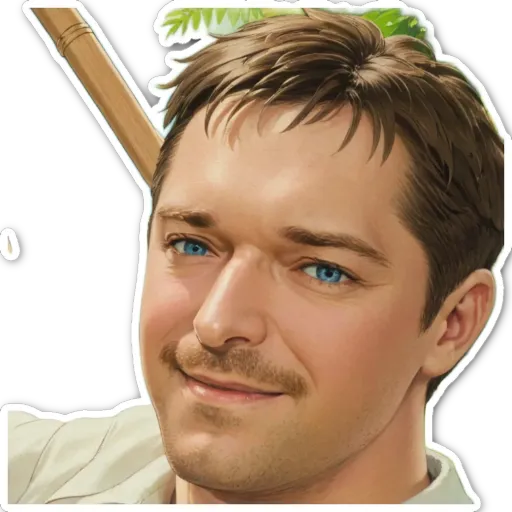 A cartoonish drawing of a man with a mustache and blue eyes.